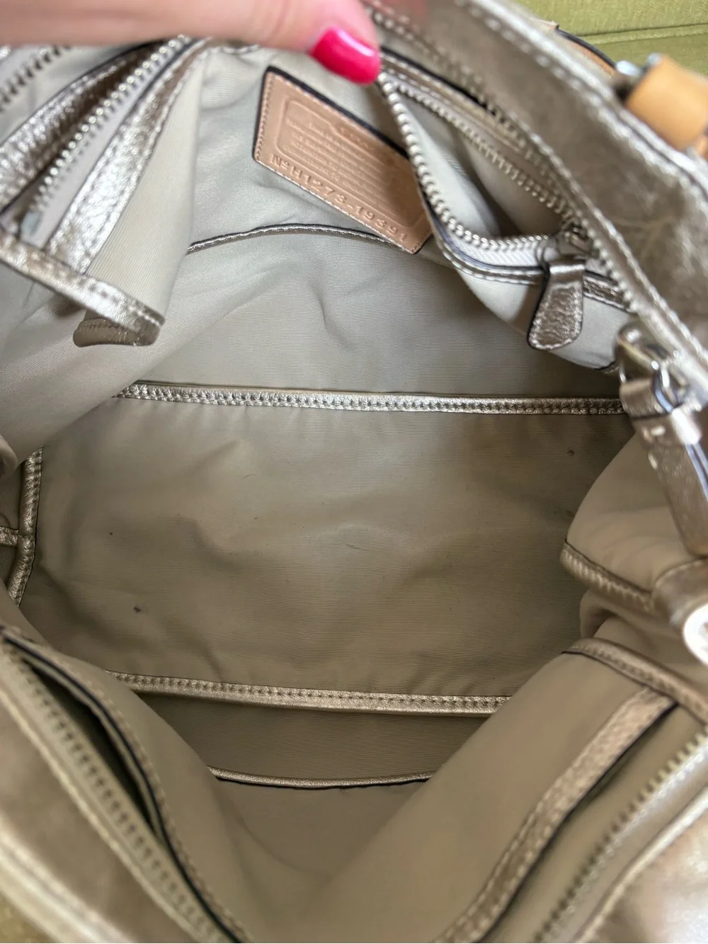 Coach Metallic Silver Leather Shoulder Tote with Tan Handles